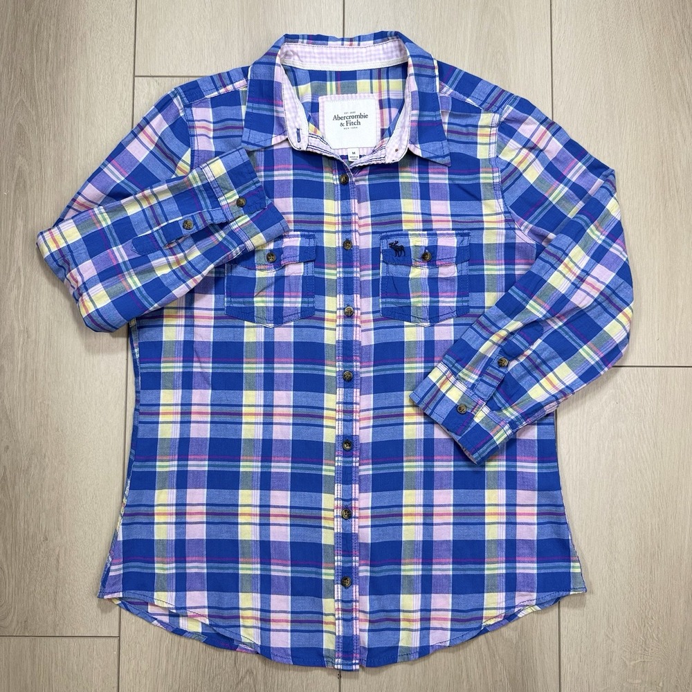Abercrombie & Fitch Womens M Plaid Button Down Shirt Blue Pink Cotton Stretch‎